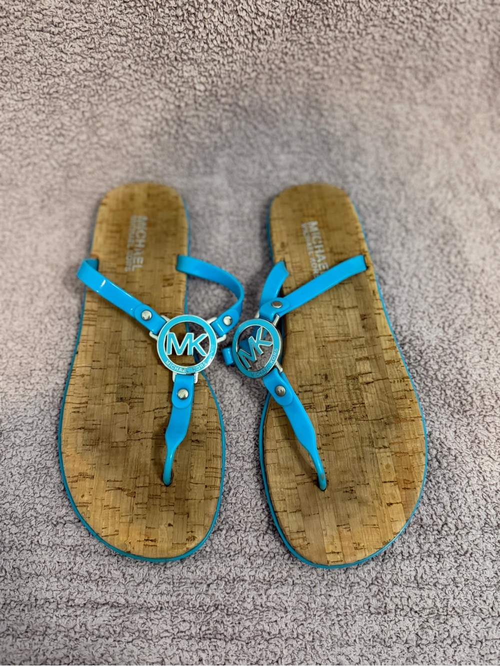 Michael Kors Turquoise Blue MK Logo Cork Thong Sandals